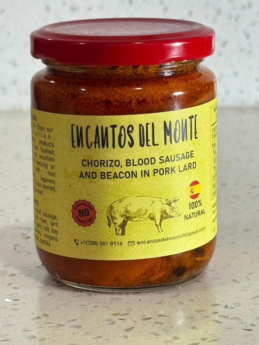 Charcuteria Criolla estilo Español (Chorizo,Bacon,Morcilla) en Manteca